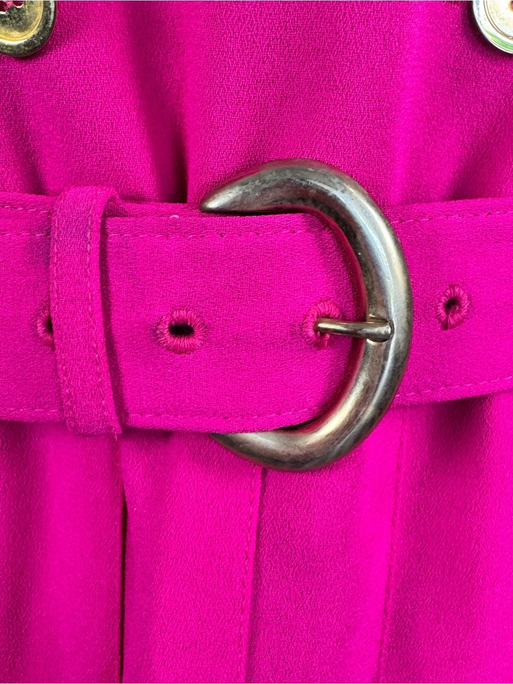 Vintage 90s Pink Pleated Dress Shoulder Pads Gold Buttons Belted Midi - Picture 10 of 11